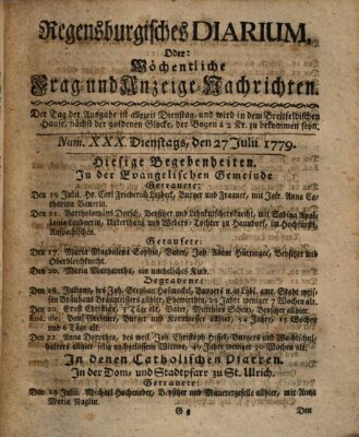 Regensburgisches Diarium oder wöchentliche Frag- und Anzeige-Nachrichten (Regensburger Wochenblatt) Dienstag 27. Juli 1779