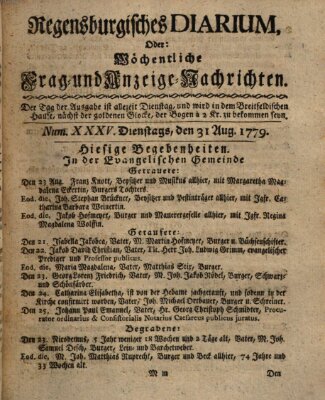 Regensburgisches Diarium oder wöchentliche Frag- und Anzeige-Nachrichten (Regensburger Wochenblatt) Dienstag 31. August 1779