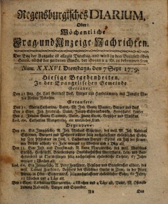 Regensburgisches Diarium oder wöchentliche Frag- und Anzeige-Nachrichten (Regensburger Wochenblatt) Dienstag 7. September 1779