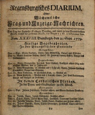 Regensburgisches Diarium oder wöchentliche Frag- und Anzeige-Nachrichten (Regensburger Wochenblatt) Dienstag 21. September 1779