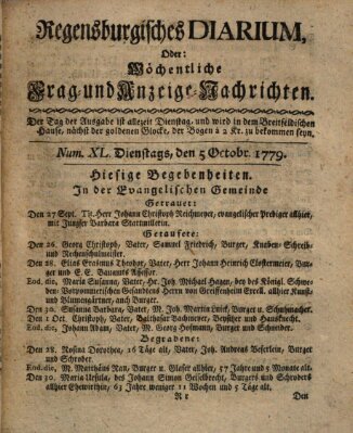 Regensburgisches Diarium oder wöchentliche Frag- und Anzeige-Nachrichten (Regensburger Wochenblatt) Dienstag 5. Oktober 1779