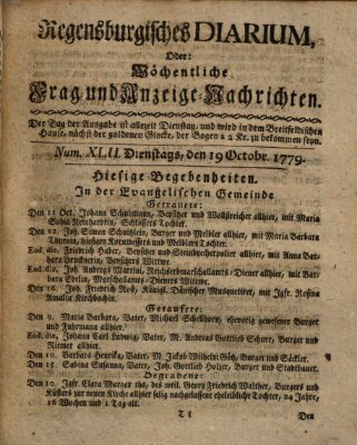 Regensburgisches Diarium oder wöchentliche Frag- und Anzeige-Nachrichten (Regensburger Wochenblatt) Dienstag 19. Oktober 1779