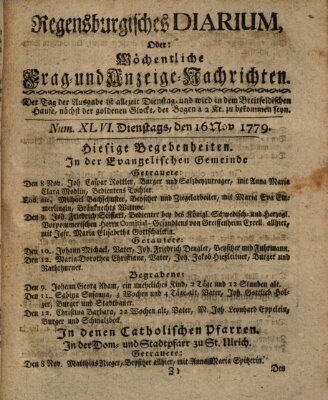 Regensburgisches Diarium oder wöchentliche Frag- und Anzeige-Nachrichten (Regensburger Wochenblatt) Dienstag 16. November 1779