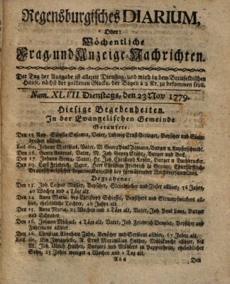 Regensburgisches Diarium oder wöchentliche Frag- und Anzeige-Nachrichten (Regensburger Wochenblatt) Dienstag 23. November 1779