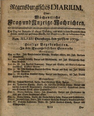 Regensburgisches Diarium oder wöchentliche Frag- und Anzeige-Nachrichten (Regensburger Wochenblatt) Dienstag 30. November 1779