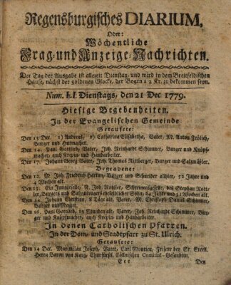 Regensburgisches Diarium oder wöchentliche Frag- und Anzeige-Nachrichten (Regensburger Wochenblatt) Dienstag 21. Dezember 1779