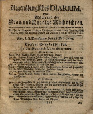 Regensburgisches Diarium oder wöchentliche Frag- und Anzeige-Nachrichten (Regensburger Wochenblatt) Dienstag 28. Dezember 1779