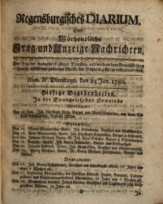 Regensburgisches Diarium oder wöchentliche Frag- und Anzeige-Nachrichten (Regensburger Wochenblatt) Dienstag 25. Januar 1780