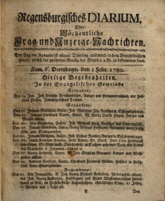 Regensburgisches Diarium oder wöchentliche Frag- und Anzeige-Nachrichten (Regensburger Wochenblatt) Dienstag 1. Februar 1780