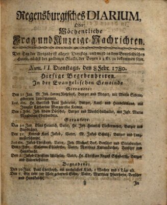 Regensburgisches Diarium oder wöchentliche Frag- und Anzeige-Nachrichten (Regensburger Wochenblatt) Dienstag 8. Februar 1780