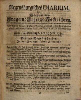 Regensburgisches Diarium oder wöchentliche Frag- und Anzeige-Nachrichten (Regensburger Wochenblatt) Dienstag 29. Februar 1780