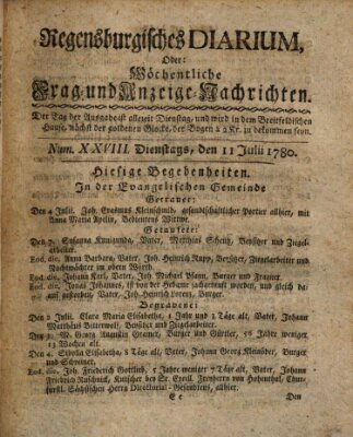 Regensburgisches Diarium oder wöchentliche Frag- und Anzeige-Nachrichten (Regensburger Wochenblatt) Dienstag 11. Juli 1780