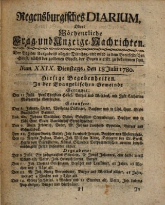 Regensburgisches Diarium oder wöchentliche Frag- und Anzeige-Nachrichten (Regensburger Wochenblatt) Dienstag 18. Juli 1780