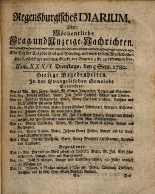 Regensburgisches Diarium oder wöchentliche Frag- und Anzeige-Nachrichten (Regensburger Wochenblatt) Dienstag 5. September 1780