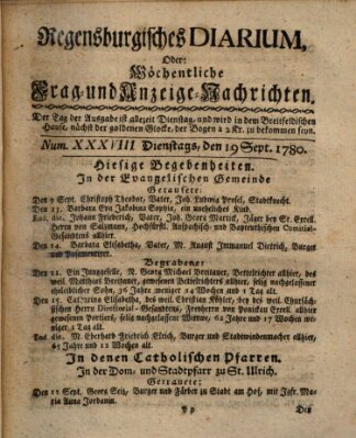 Regensburgisches Diarium oder wöchentliche Frag- und Anzeige-Nachrichten (Regensburger Wochenblatt) Dienstag 19. September 1780