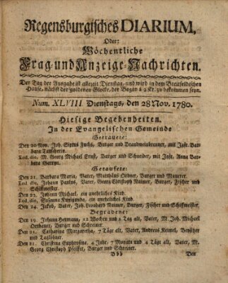 Regensburgisches Diarium oder wöchentliche Frag- und Anzeige-Nachrichten (Regensburger Wochenblatt) Dienstag 28. November 1780