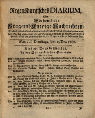 Regensburgisches Diarium oder wöchentliche Frag- und Anzeige-Nachrichten (Regensburger Wochenblatt) Dienstag 19. Dezember 1780