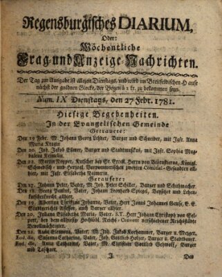 Regensburgisches Diarium oder wöchentliche Frag- und Anzeige-Nachrichten (Regensburger Wochenblatt) Dienstag 27. Februar 1781