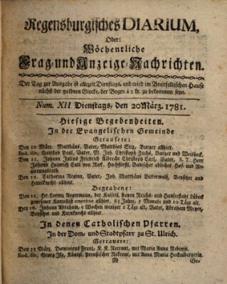 Regensburgisches Diarium oder wöchentliche Frag- und Anzeige-Nachrichten (Regensburger Wochenblatt) Dienstag 20. März 1781