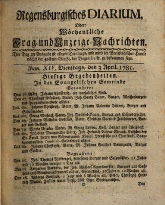 Regensburgisches Diarium oder wöchentliche Frag- und Anzeige-Nachrichten (Regensburger Wochenblatt) Dienstag 3. April 1781