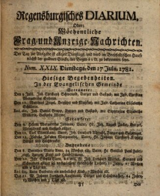 Regensburgisches Diarium oder wöchentliche Frag- und Anzeige-Nachrichten (Regensburger Wochenblatt) Dienstag 17. Juli 1781