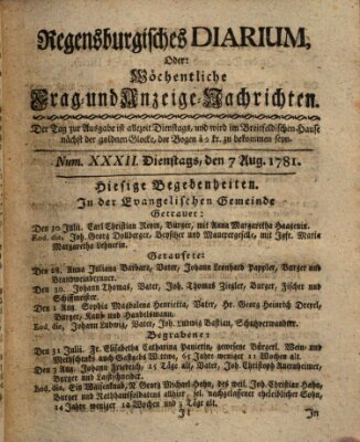 Regensburgisches Diarium oder wöchentliche Frag- und Anzeige-Nachrichten (Regensburger Wochenblatt) Dienstag 7. August 1781