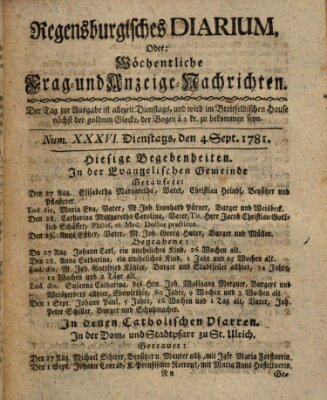 Regensburgisches Diarium oder wöchentliche Frag- und Anzeige-Nachrichten (Regensburger Wochenblatt) Dienstag 4. September 1781