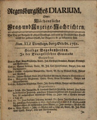 Regensburgisches Diarium oder wöchentliche Frag- und Anzeige-Nachrichten (Regensburger Wochenblatt) Dienstag 9. Oktober 1781