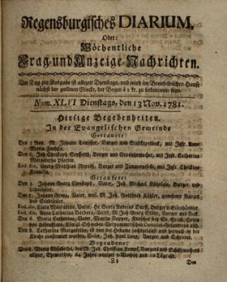 Regensburgisches Diarium oder wöchentliche Frag- und Anzeige-Nachrichten (Regensburger Wochenblatt) Dienstag 13. November 1781