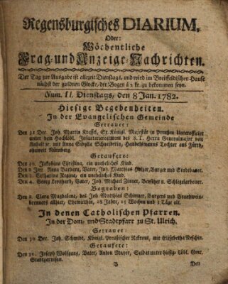 Regensburgisches Diarium oder wöchentliche Frag- und Anzeige-Nachrichten (Regensburger Wochenblatt) Dienstag 8. Januar 1782