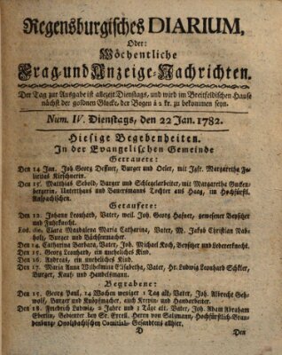 Regensburgisches Diarium oder wöchentliche Frag- und Anzeige-Nachrichten (Regensburger Wochenblatt) Dienstag 22. Januar 1782