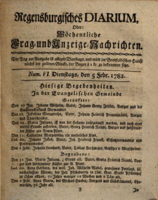 Regensburgisches Diarium oder wöchentliche Frag- und Anzeige-Nachrichten (Regensburger Wochenblatt) Dienstag 5. Februar 1782