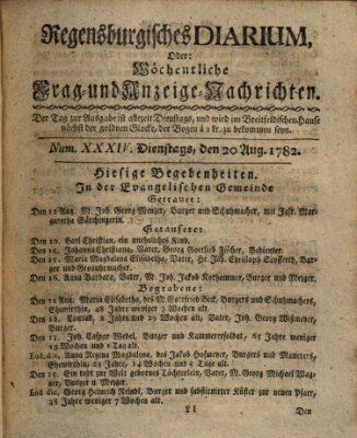 Regensburgisches Diarium oder wöchentliche Frag- und Anzeige-Nachrichten (Regensburger Wochenblatt) Dienstag 20. August 1782