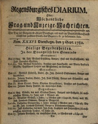 Regensburgisches Diarium oder wöchentliche Frag- und Anzeige-Nachrichten (Regensburger Wochenblatt) Dienstag 3. September 1782