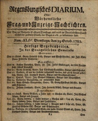 Regensburgisches Diarium oder wöchentliche Frag- und Anzeige-Nachrichten (Regensburger Wochenblatt) Dienstag 29. Oktober 1782