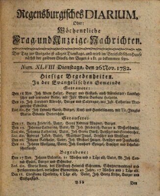 Regensburgisches Diarium oder wöchentliche Frag- und Anzeige-Nachrichten (Regensburger Wochenblatt) Dienstag 26. November 1782