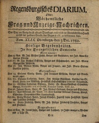 Regensburgisches Diarium oder wöchentliche Frag- und Anzeige-Nachrichten (Regensburger Wochenblatt) Dienstag 3. Dezember 1782