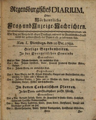 Regensburgisches Diarium oder wöchentliche Frag- und Anzeige-Nachrichten (Regensburger Wochenblatt) Dienstag 10. Dezember 1782