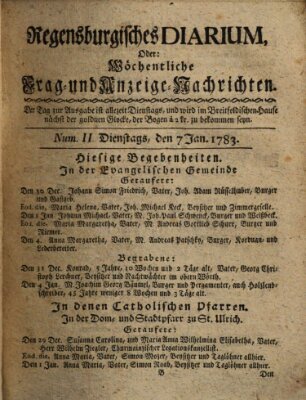 Regensburgisches Diarium oder wöchentliche Frag- und Anzeige-Nachrichten (Regensburger Wochenblatt) Dienstag 7. Januar 1783