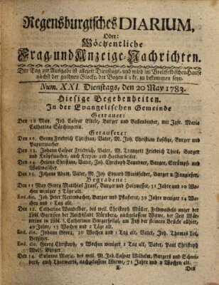 Regensburgisches Diarium oder wöchentliche Frag- und Anzeige-Nachrichten (Regensburger Wochenblatt) Dienstag 20. Mai 1783