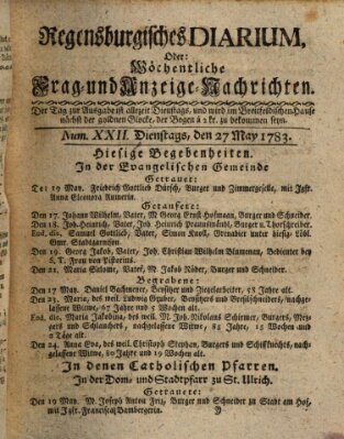 Regensburgisches Diarium oder wöchentliche Frag- und Anzeige-Nachrichten (Regensburger Wochenblatt) Dienstag 27. Mai 1783