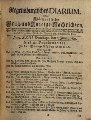 Regensburgisches Diarium oder wöchentliche Frag- und Anzeige-Nachrichten (Regensburger Wochenblatt) Dienstag 3. Juni 1783