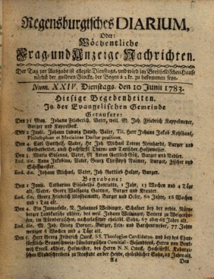 Regensburgisches Diarium oder wöchentliche Frag- und Anzeige-Nachrichten (Regensburger Wochenblatt) Dienstag 10. Juni 1783