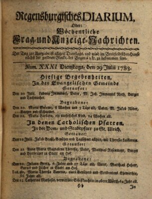 Regensburgisches Diarium oder wöchentliche Frag- und Anzeige-Nachrichten (Regensburger Wochenblatt) Dienstag 29. Juli 1783