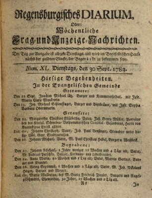 Regensburgisches Diarium oder wöchentliche Frag- und Anzeige-Nachrichten (Regensburger Wochenblatt) Dienstag 30. September 1783