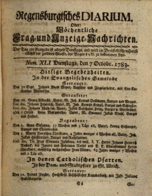 Regensburgisches Diarium oder wöchentliche Frag- und Anzeige-Nachrichten (Regensburger Wochenblatt) Dienstag 7. Oktober 1783