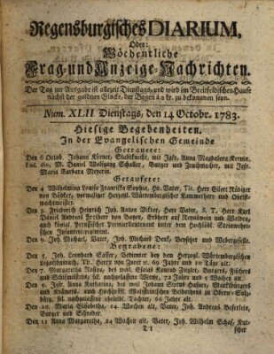 Regensburgisches Diarium oder wöchentliche Frag- und Anzeige-Nachrichten (Regensburger Wochenblatt) Dienstag 14. Oktober 1783