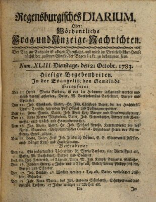 Regensburgisches Diarium oder wöchentliche Frag- und Anzeige-Nachrichten (Regensburger Wochenblatt) Dienstag 21. Oktober 1783