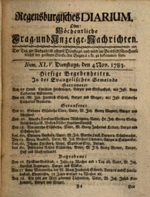 Regensburgisches Diarium oder wöchentliche Frag- und Anzeige-Nachrichten (Regensburger Wochenblatt) Dienstag 4. November 1783