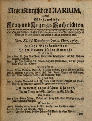 Regensburgisches Diarium oder wöchentliche Frag- und Anzeige-Nachrichten (Regensburger Wochenblatt) Dienstag 11. November 1783